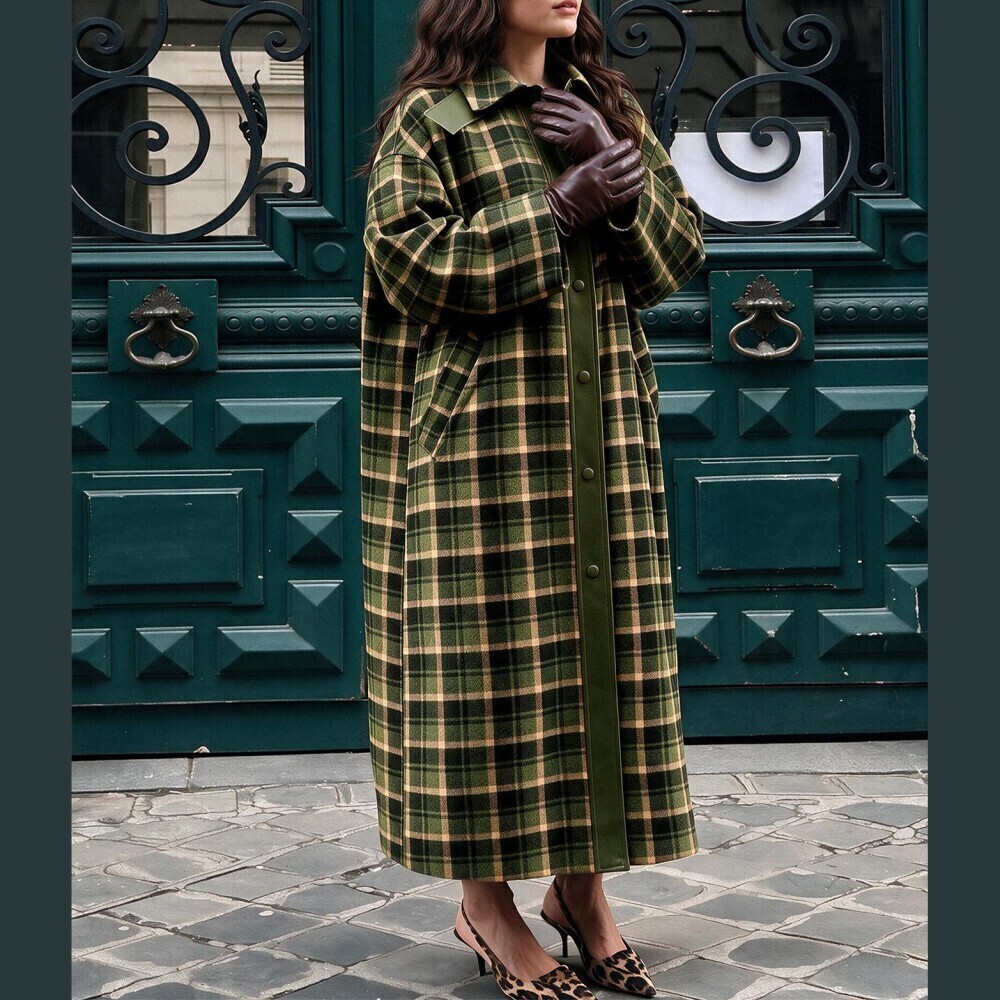 Green Plaid Tweed Snap Front Faux Leather Trim Collared Oversized Midi Coat